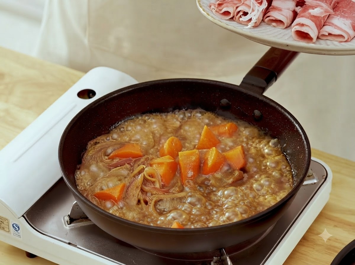 Thin beef slices and green broccoli florets being added to a simmering pan with carrots and savory sauce.