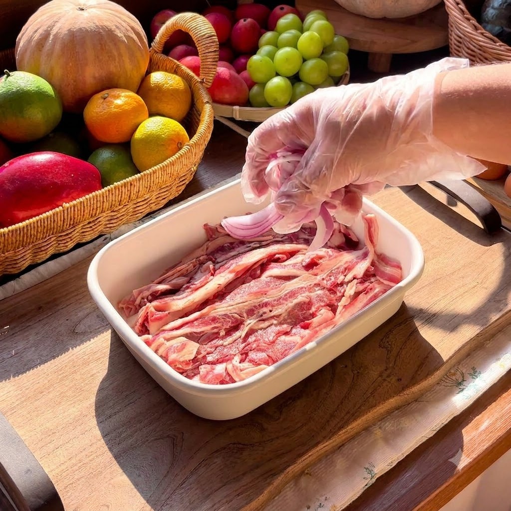 Thinly sliced beef laid out in a white rectangular dish with sliced red onions placed on top.