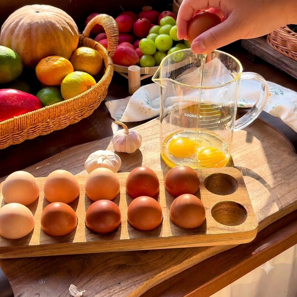 Eggs being cracked into a glass measuring cup alongside seasonings like black pepper and salt.