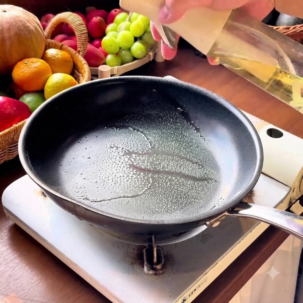 Shredded crab sticks placed on top of eggs cooking in a hot non-stick pan.