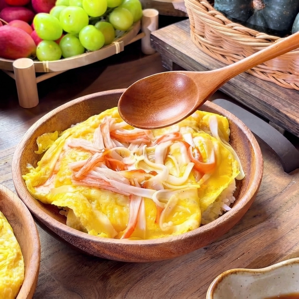 A wooden spoon drizzling dark savory sauce over a golden bed of scrambled eggs and rice inside a wooden bowl.