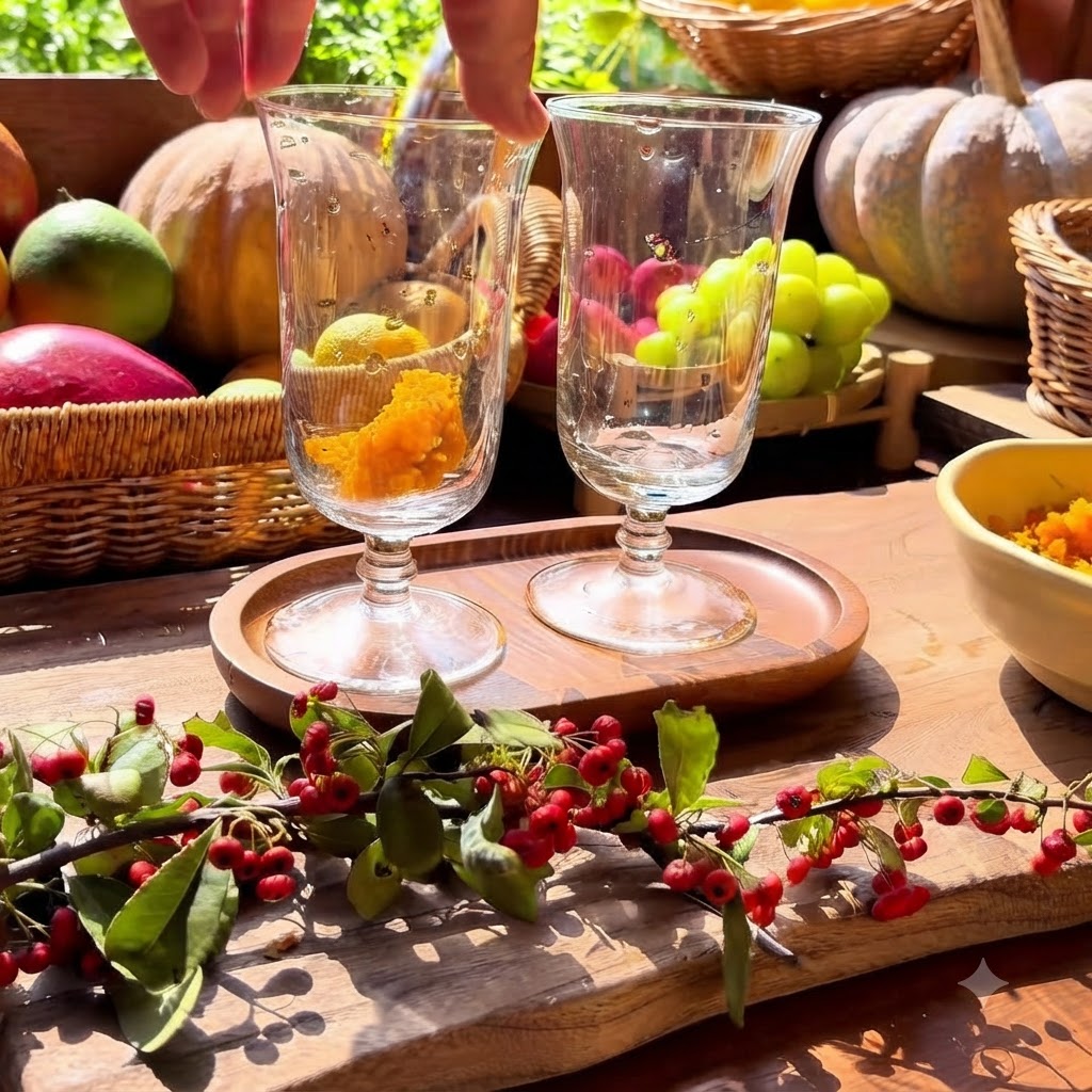 A hand smearing bright orange pumpkin puree along the inner walls of a clear glass goblet on a wooden serving tray.