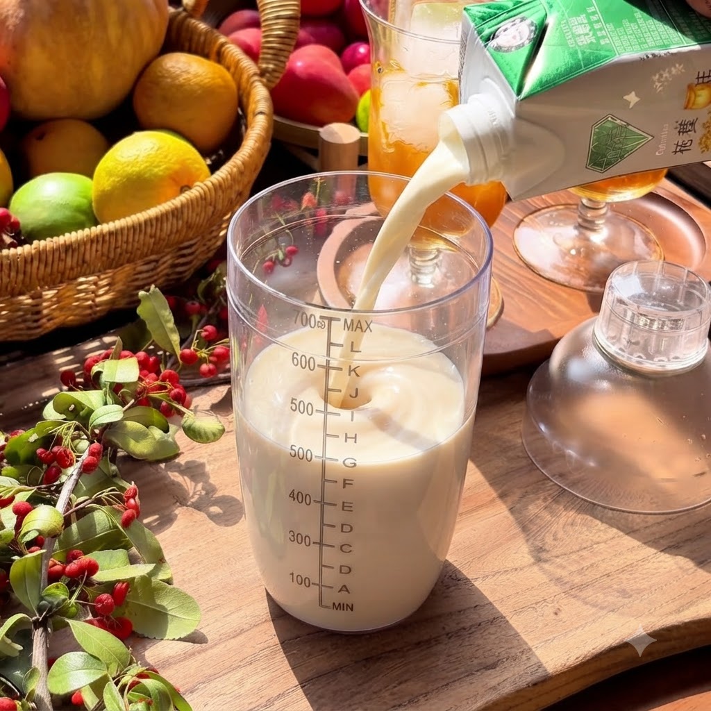 Milk being poured from a carton into a measuring container filled with tea and osmanthus honey, creating a swirling blend.