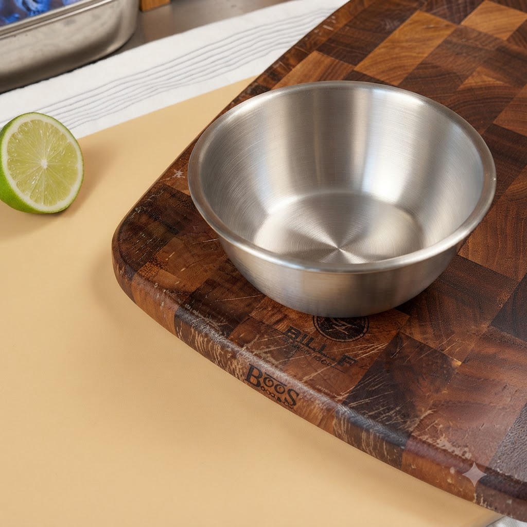 A small stainless steel mixing bowl sitting on a dark wooden cutting board next to a halved lime.