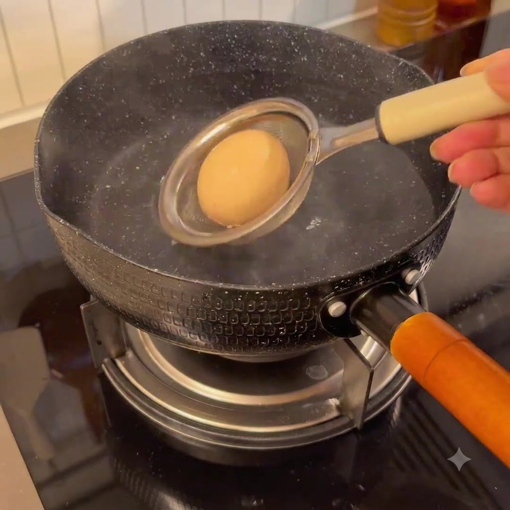 An egg being lifted out of a pot of boiling water with a slotted strainer spoon.