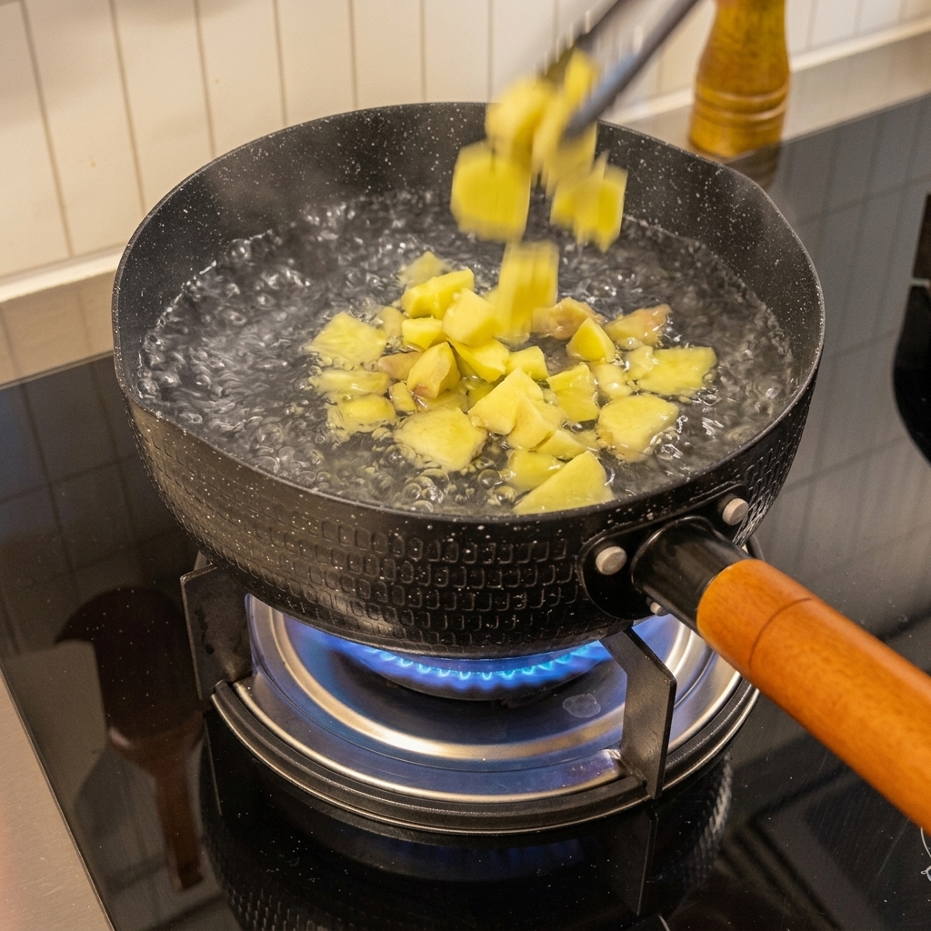 Chopped ginger pieces being dropped into a pot of boiling water on a stovetop.