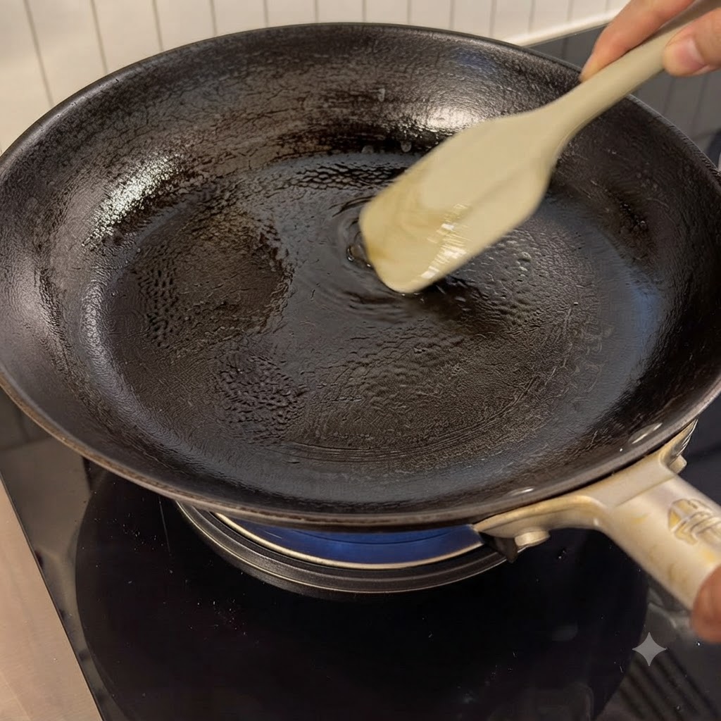 A black skillet with cooking oil being stirred with a silicone spatula on a burner.