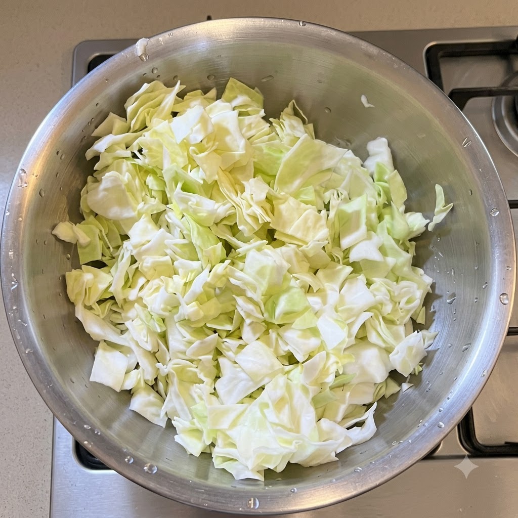 Freshly chopped cabbage piled inside a metal bowl resting on the stovetop.