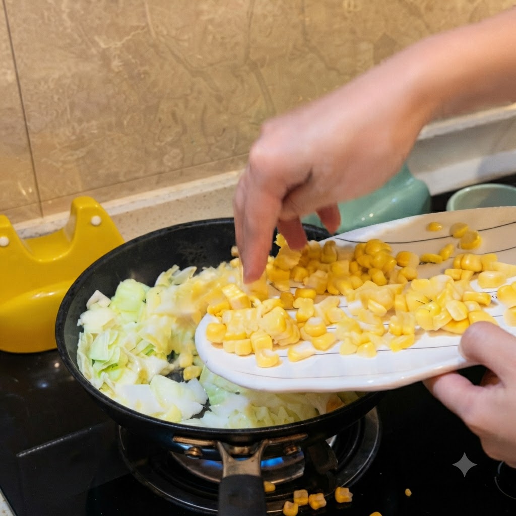 A hand pouring yellow corn kernels from a white plate into a frying pan containing chopped cabbage.