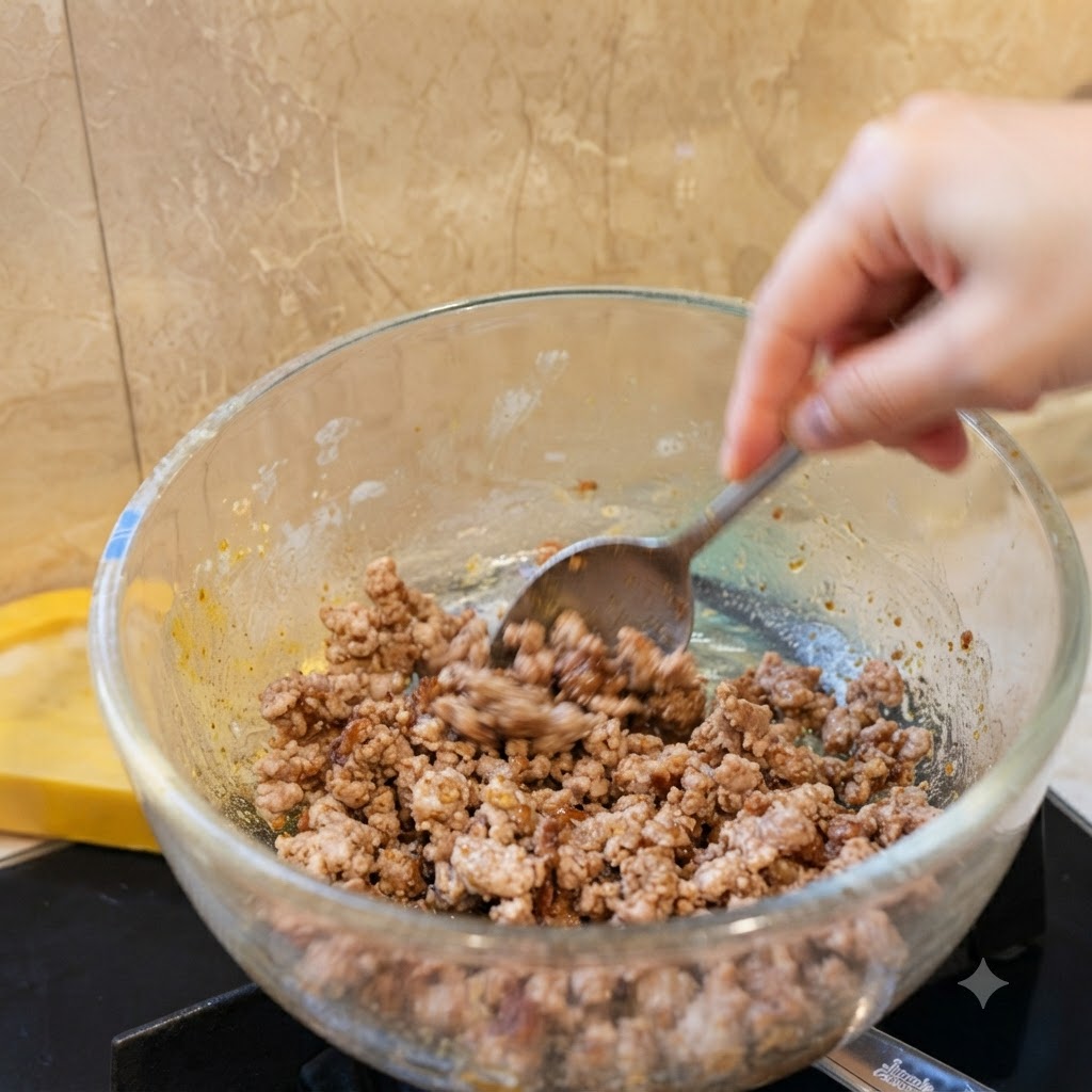 Seasoned ground meat inside a glass bowl being scooped with a spoon.
