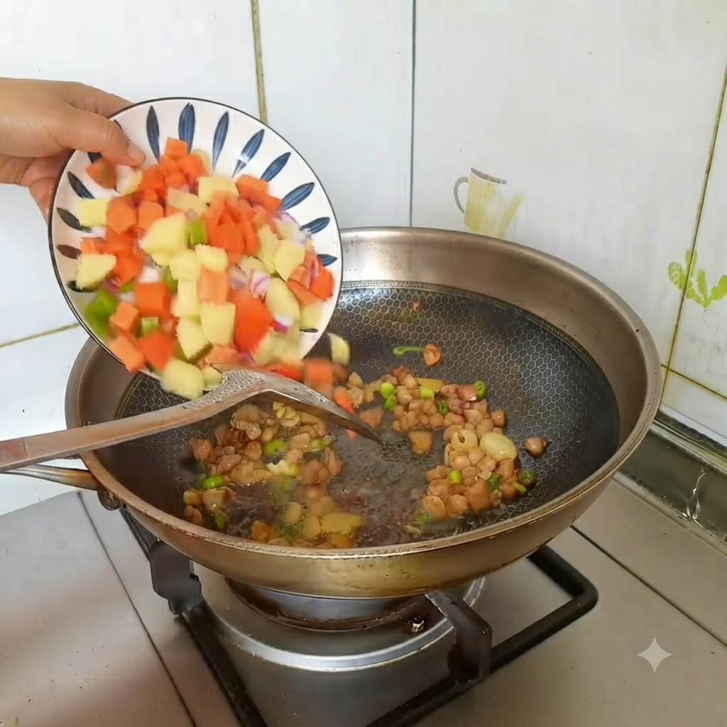 A plate of colorful diced potatoes, carrots, and green peppers being added into the wok.