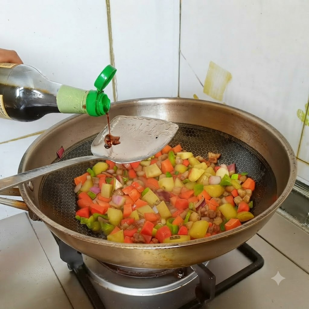 Light soy sauce being poured from a bottle onto a spatula over the vegetable and meat mixture.
