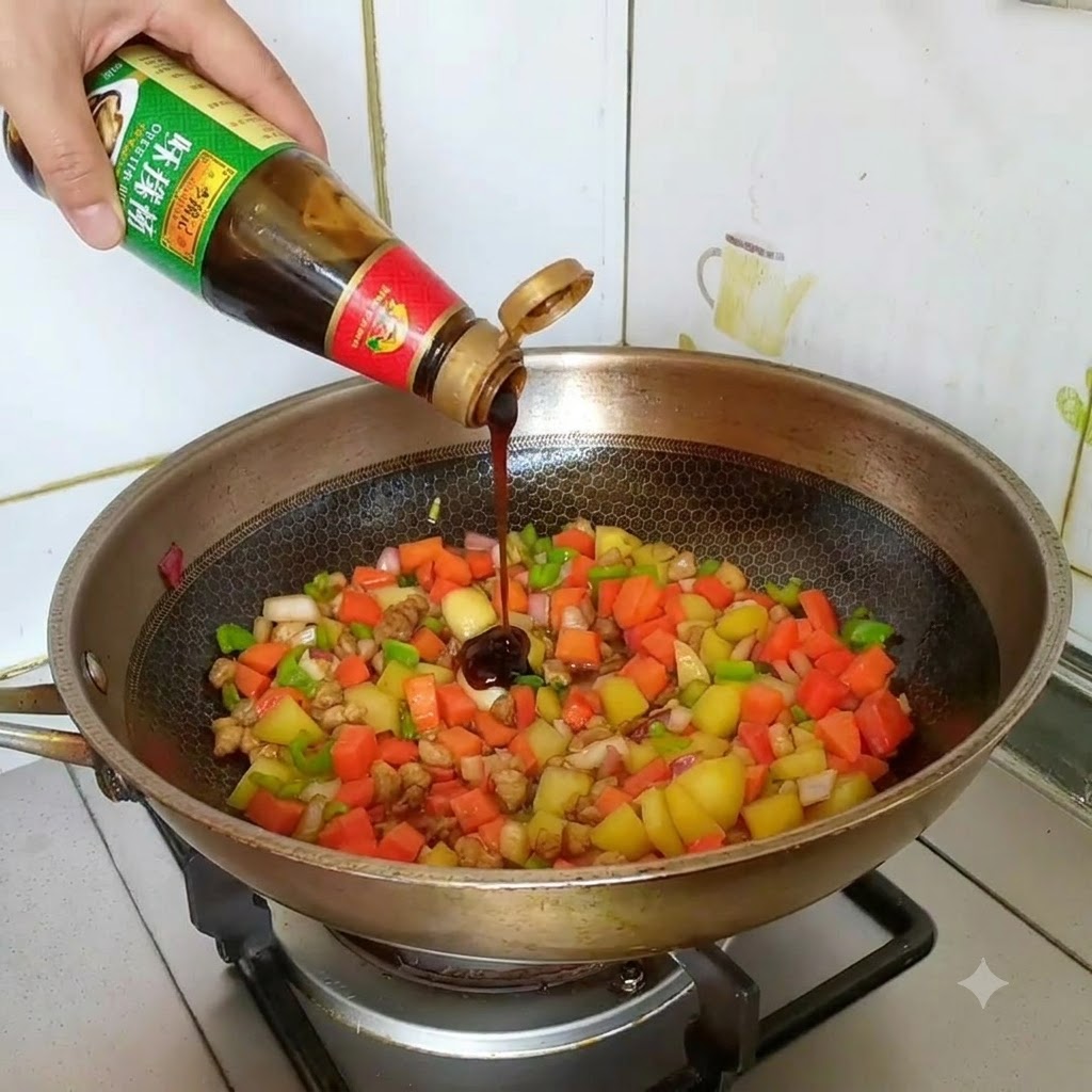 Oyster sauce being poured from a squeeze bottle directly into the stir-frying vegetable mixture.