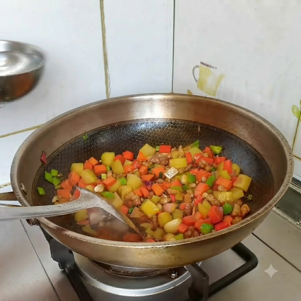 A small bowl of water being poured into the wok over the ingredients before adding the curry block.