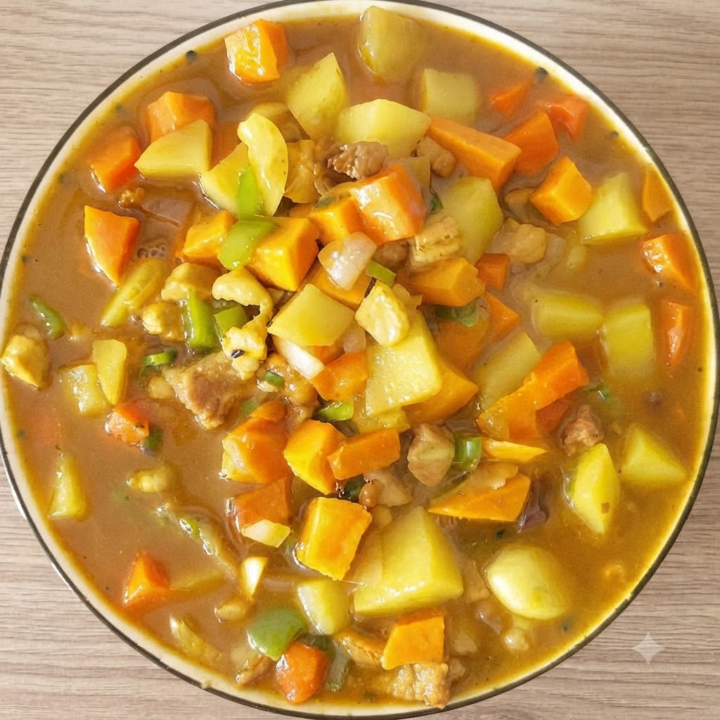 A block of solid curry dropped into a simmering wok filled with vegetables and broth.