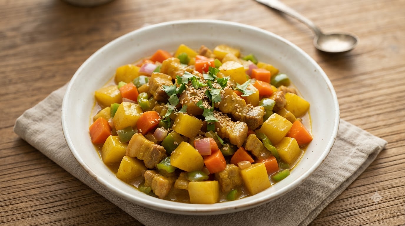 A serving bowl of curry potato and pork belly stir-fry with golden potatoes, carrots, and pork belly.