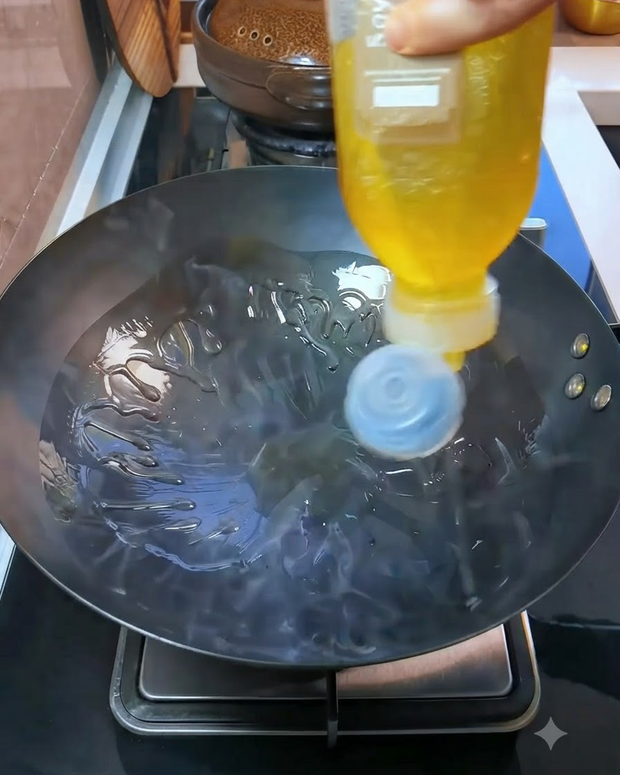 Cooking oil being squeezed from a yellow bottle into a heated wok.