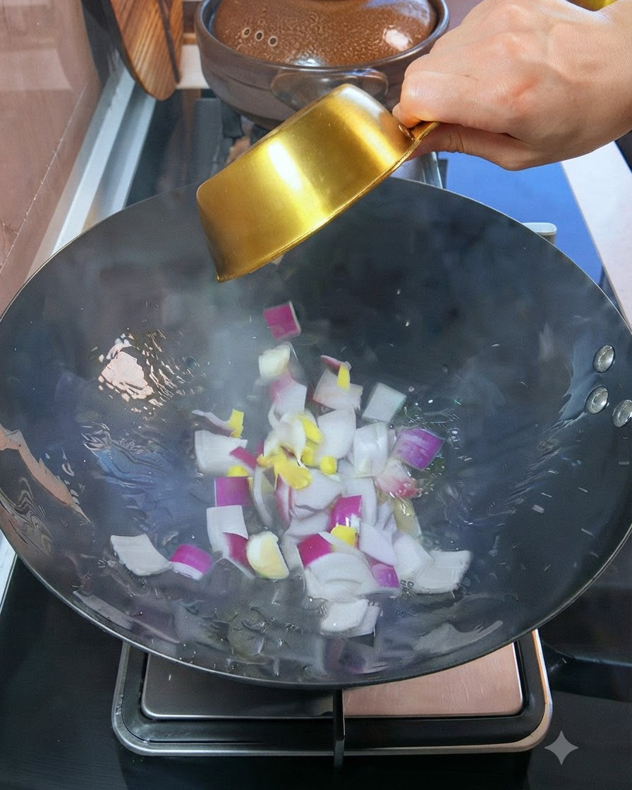 Diced red onions and garlic being poured from a small gold bowl into a wok with hot oil.