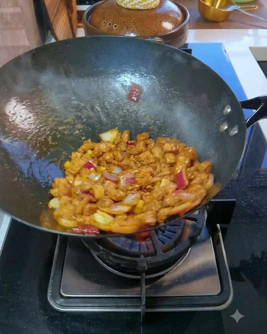 Diced pork and red onions being tossed mid-air in a hot wok over an open gas flame.