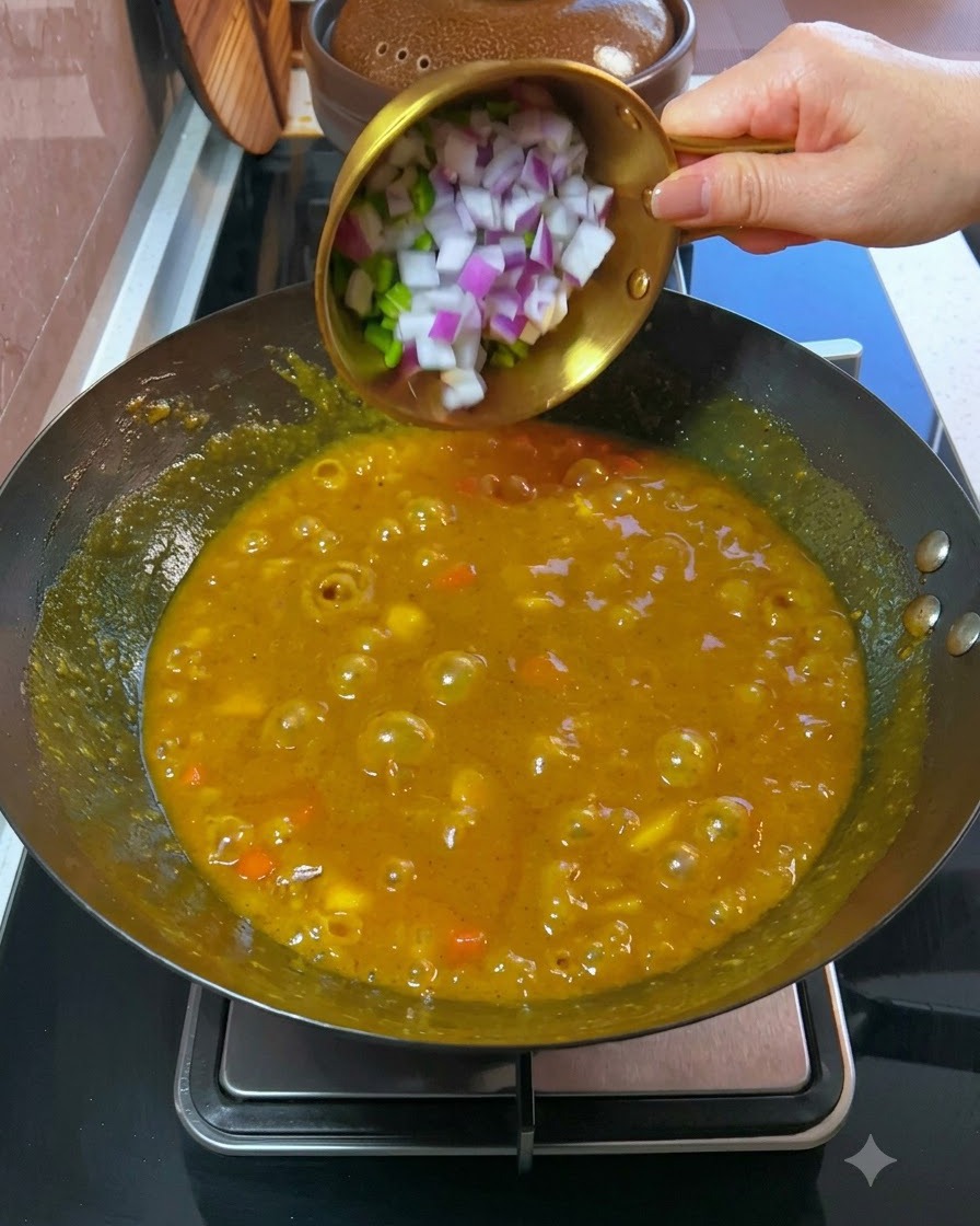 Chopped green onions and red onion being added to a thick, bubbling curry sauce in the wok.