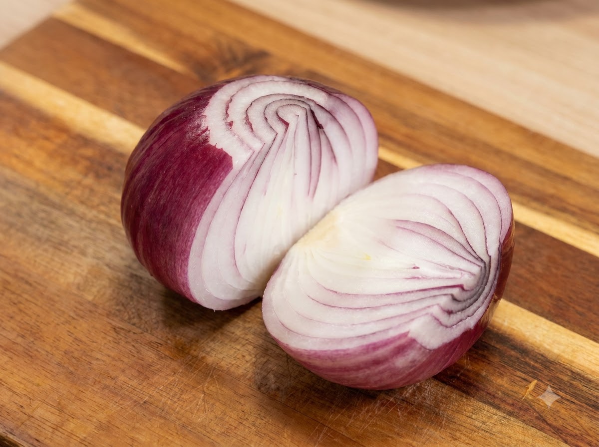 A purple onion cut in half resting on a wooden cutting board.