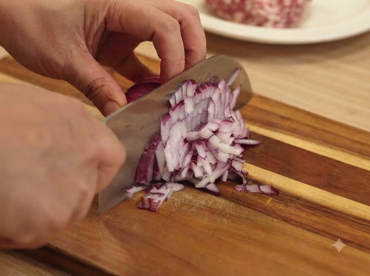 Garlic cloves being finely minced with a knife on a wooden cutting board.