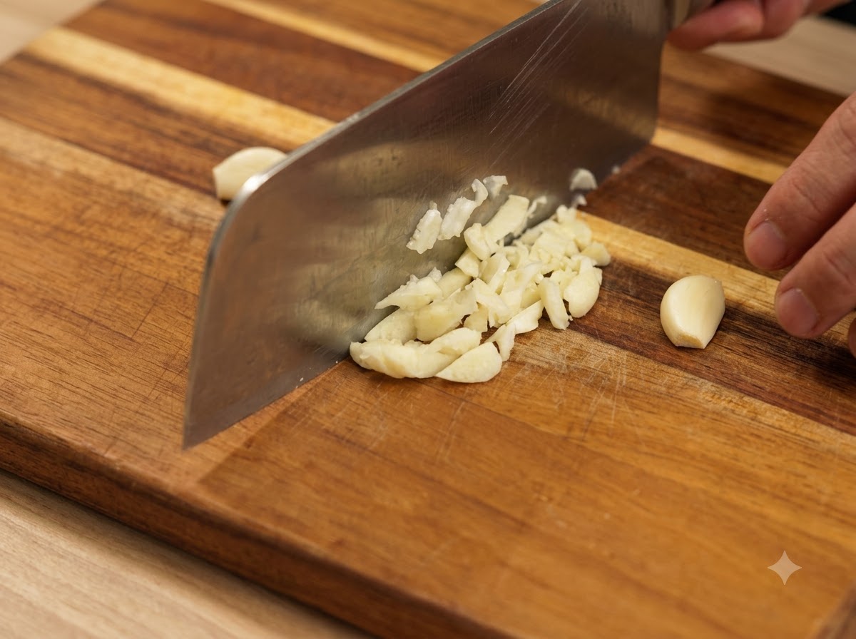 A block of curry being sliced into thin pieces on a wooden cutting board.