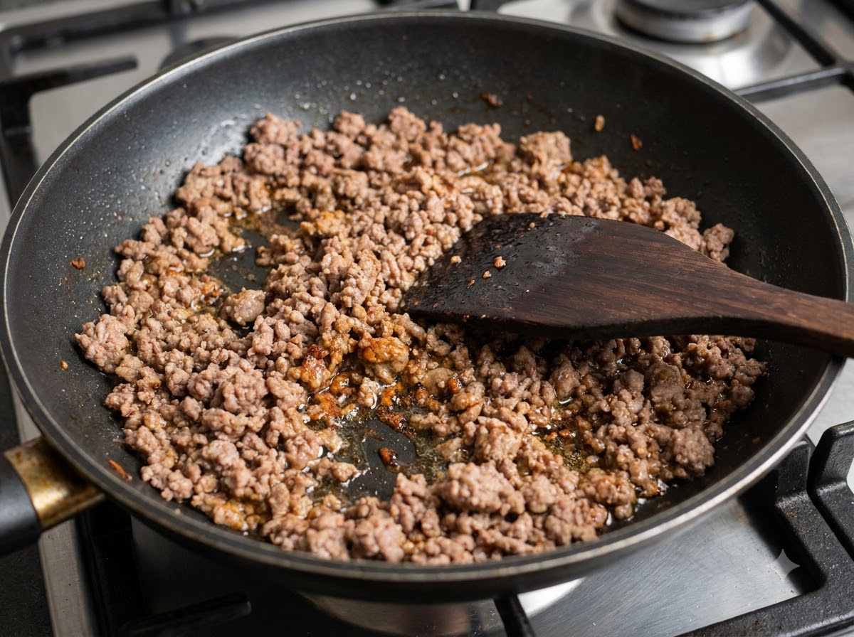 Minced pork being stir-fried in a black pan with a wooden spatula.