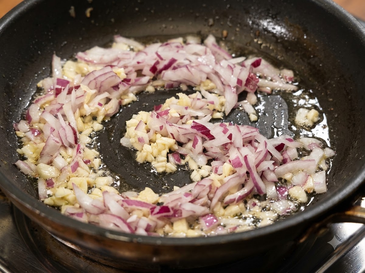 Diced purple onions and minced garlic sizzling in hot oil in a skillet.