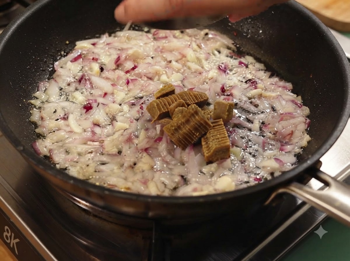 Sliced curry blocks being added to the cooked onions and garlic in a pan.