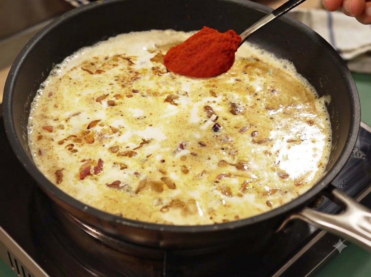 A spoonful of red sweet paprika powder being held over the creamy curry sauce.