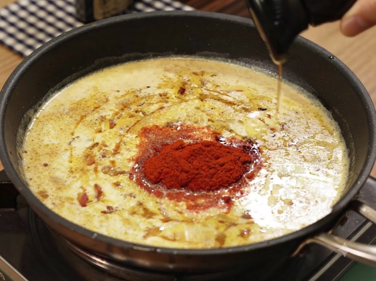 Dark liquid seasoning sauce being poured from a ladle into bubbling curry sauce.