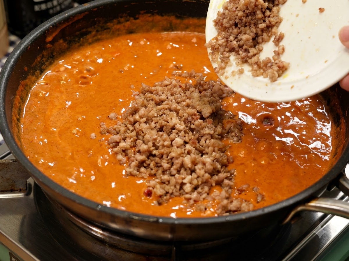 Cooked minced pork being poured from a white plate into a pan of rich orange curry sauce.