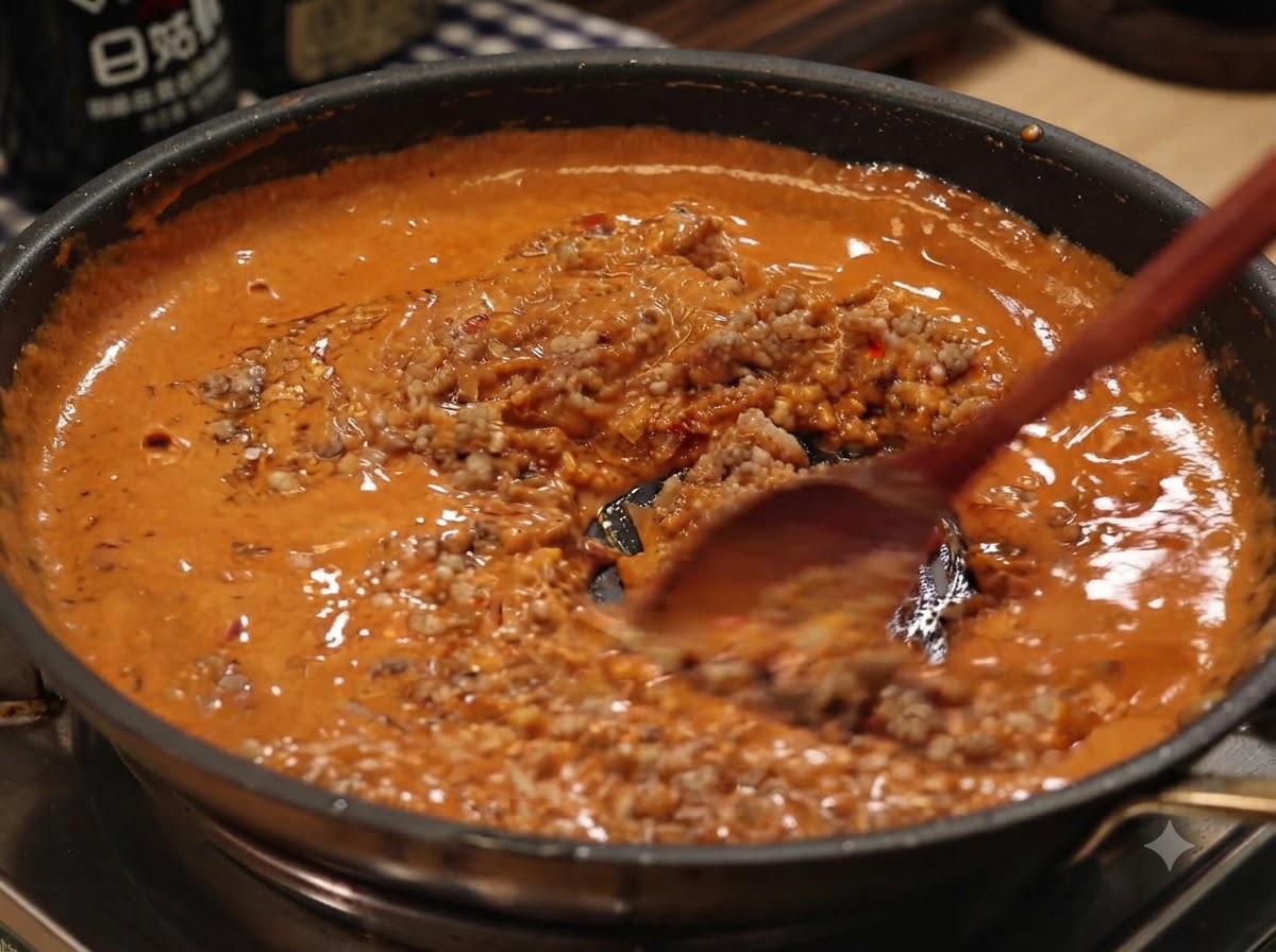 A wooden spoon stirring cooked minced pork into a rich orange curry sauce in a frying pan.