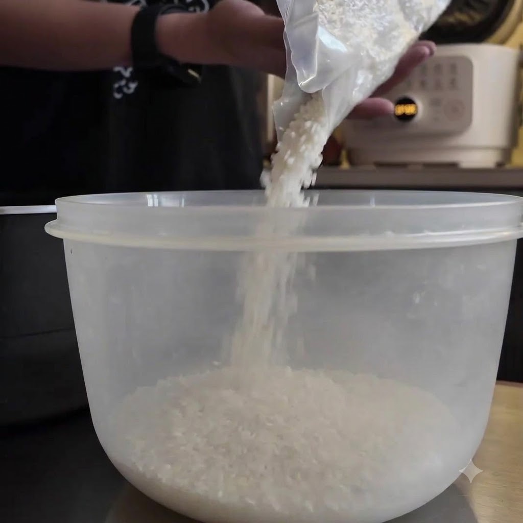 A person pouring uncooked white rice grains from a plastic bag into a clear plastic bowl.