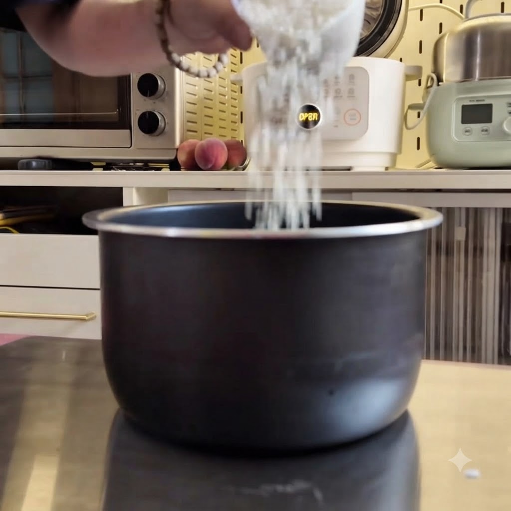 A person pouring washed white rice into a dark, non-stick rice cooker pot.