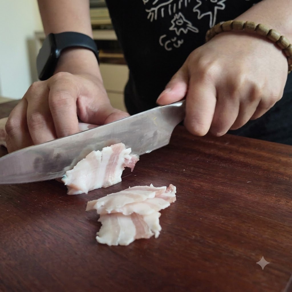 Hands using a chefs knife to cut thin slices of raw pork belly on a wooden cutting board.
