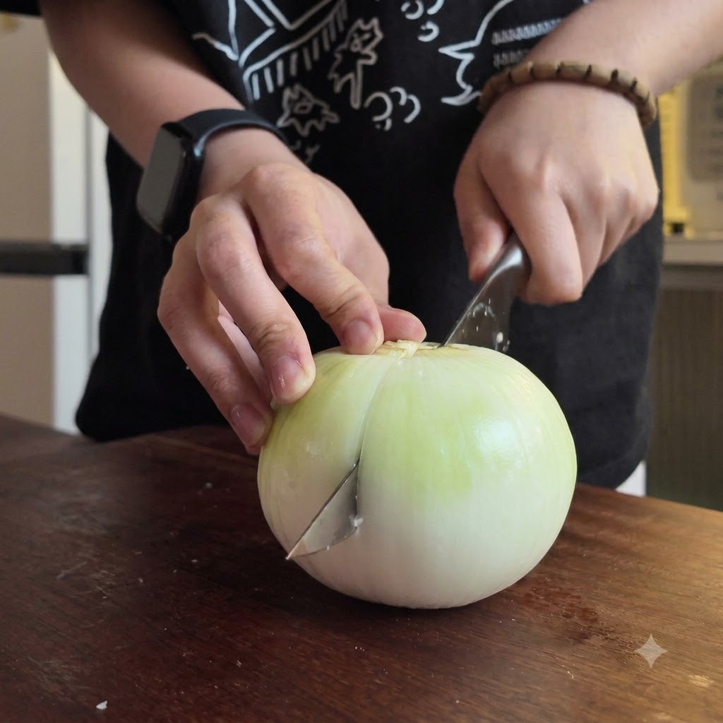 Hands using a knife to slice a halved raw onion on a wooden cutting board.