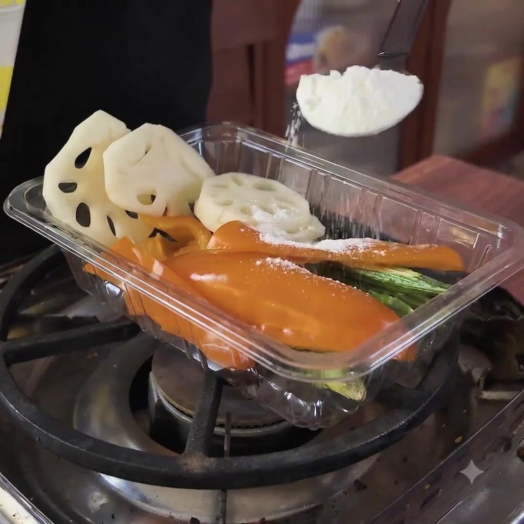 Cornstarch being sprinkled onto raw lotus root, okra, and orange pepper slices inside a container.