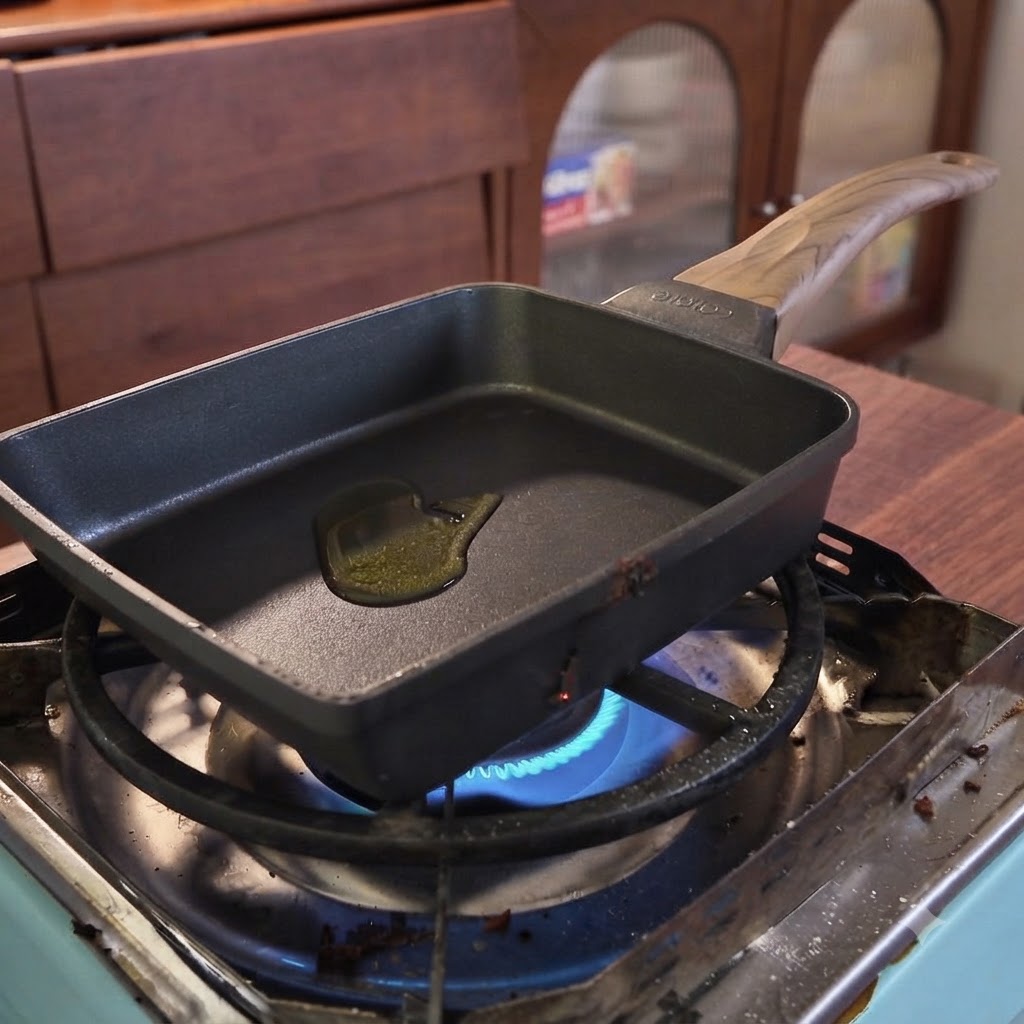 A small rectangular skillet on a gas stove containing cooking oil getting heated for searing.
