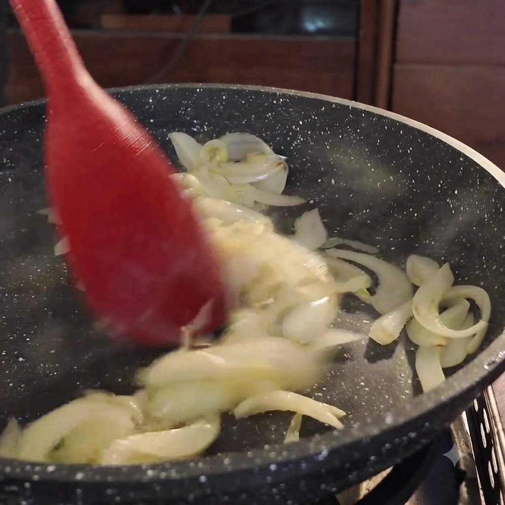 Raw pork belly slices being mixed with sautéed onions in a frying pan using a red utensil.