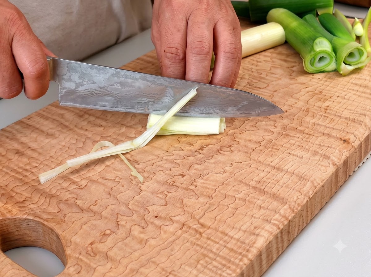 A chefs knife slicing white onion into thin strips on a wooden cutting board.
