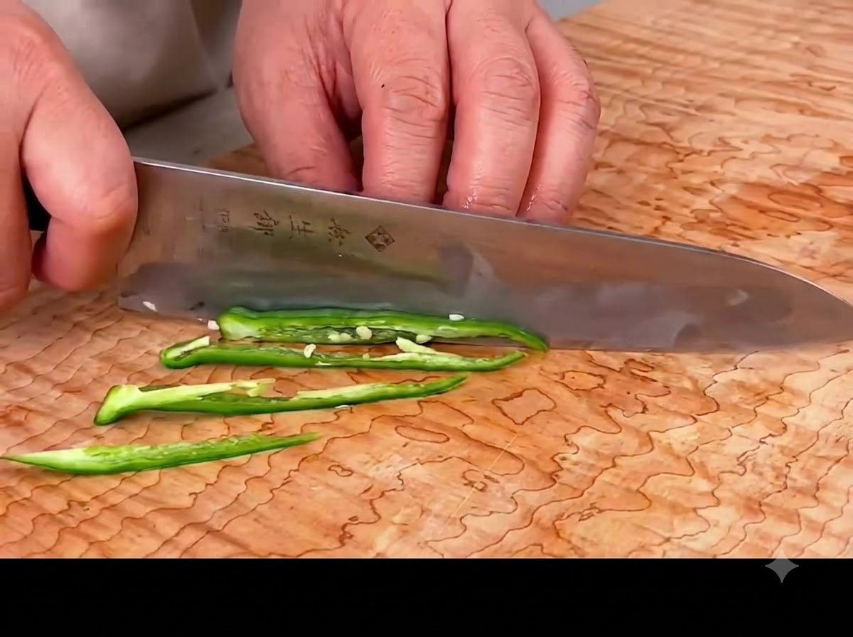 A knife slicing through fresh green chilies to create long, thin strips on a wooden cutting board.