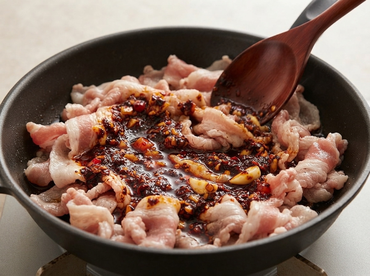 Thick, dark red gochujang sauce spooned over partially cooked, slightly browned pork belly slices in a black pan.