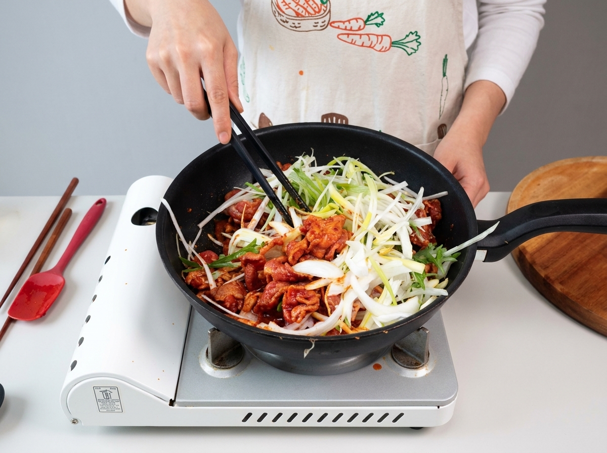 All ingredients being stir-fried together and tossed in the red sauce using chopsticks.