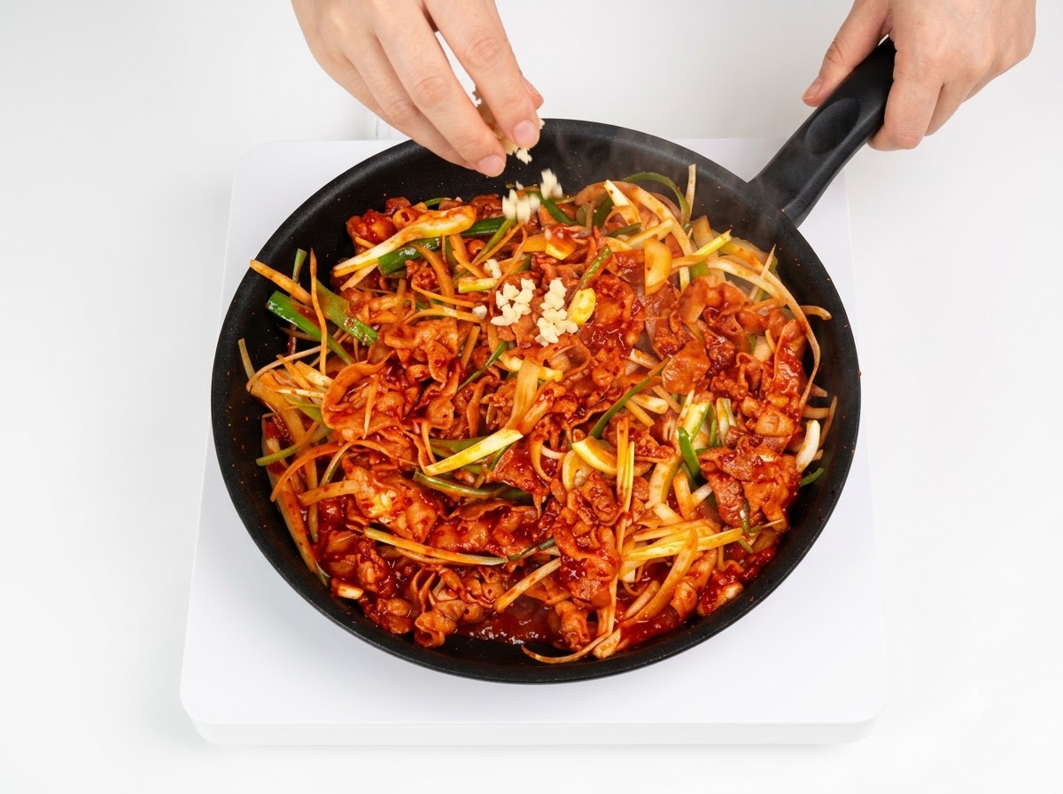 Toasted white sesame seeds being sprinkled over the vibrant red cooked pork belly.