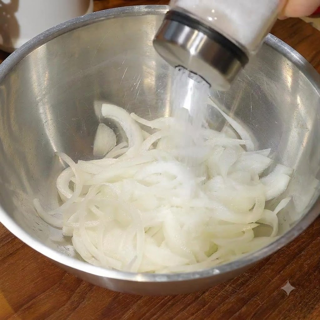 A metal bowl filled with sliced onions receiving sugar and water before being massaged by hand.
