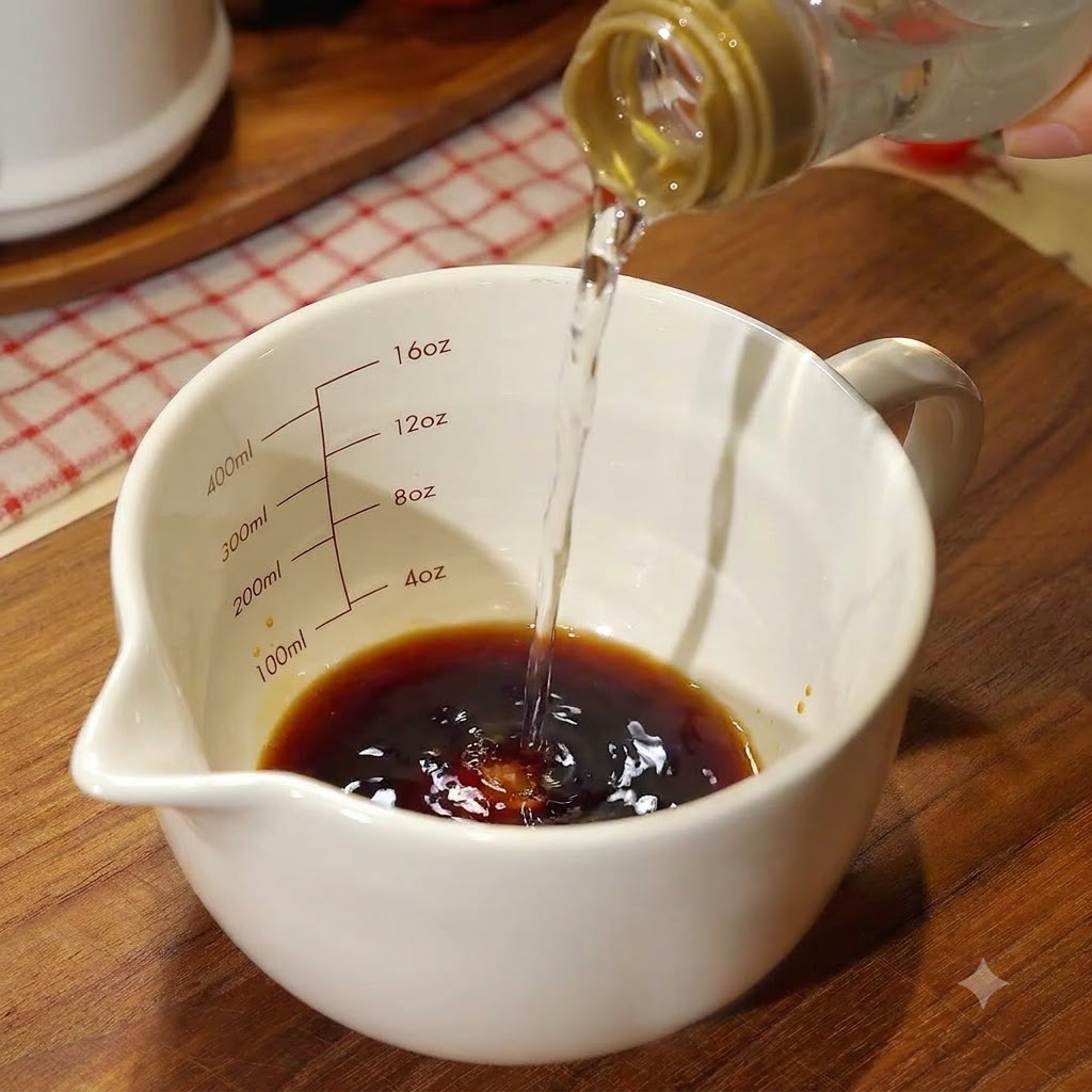Liquid being poured into a white measuring cup containing dark sauce ingredients.