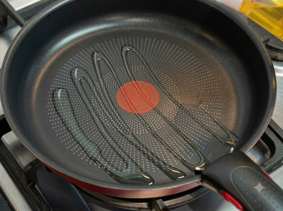 A non-stick skillet on a gas burner with cooking oil drizzled across the surface.