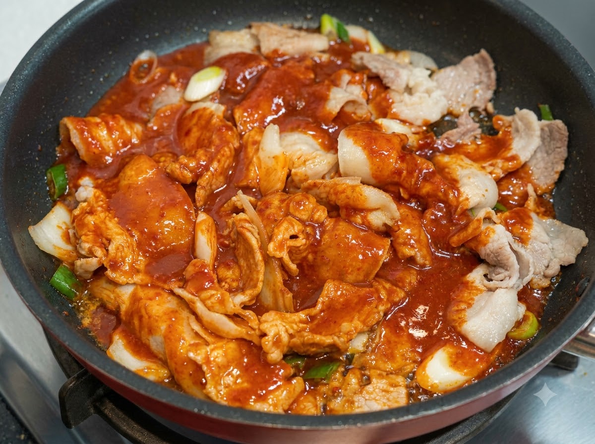 Bright red spicy sauce poured over pork belly and vegetables sizzling in a skillet.